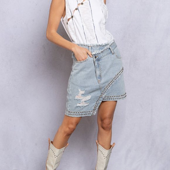 Retro Distressed POL Denim Skirt with Metal Studs - Picture 8 of 16